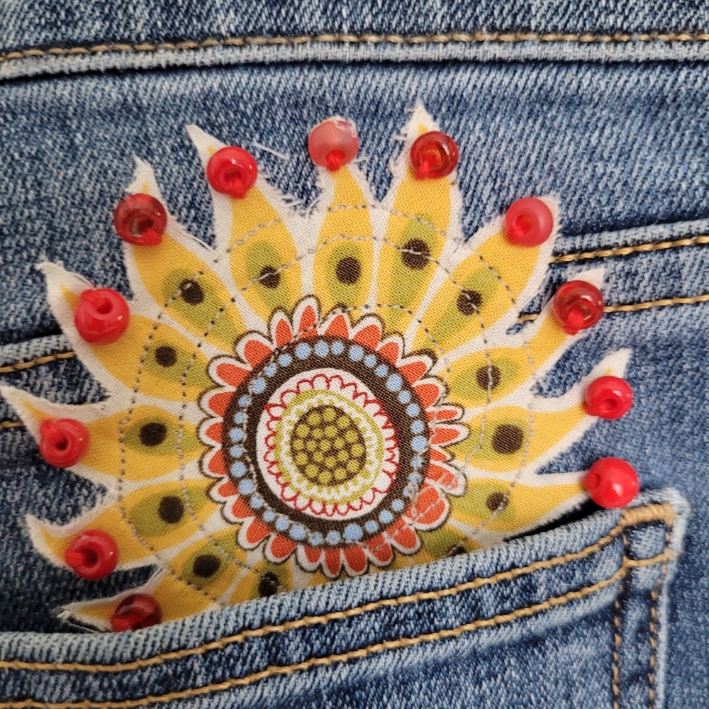 Women's Blue Jeans with Patchwork Design - Picture 7 of 14